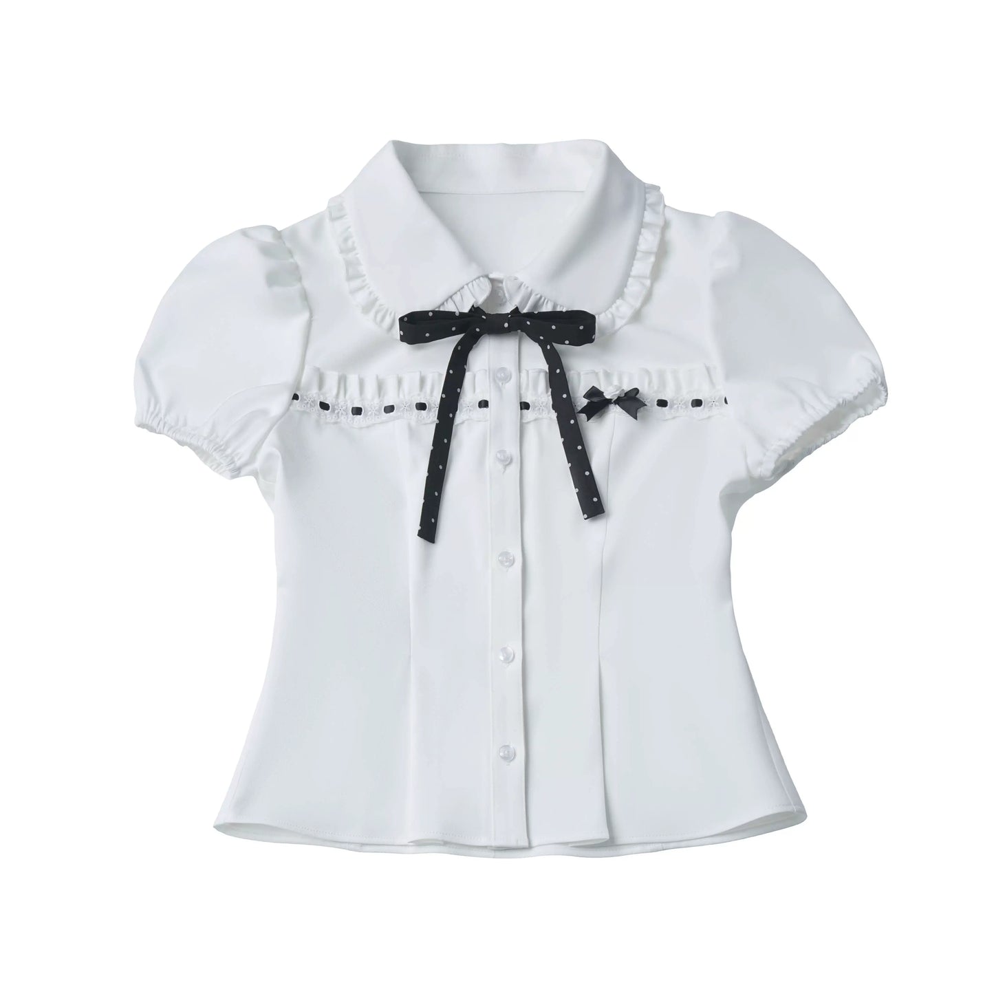 haut à ruban monochrome + mini-jupe à pois en dentelle