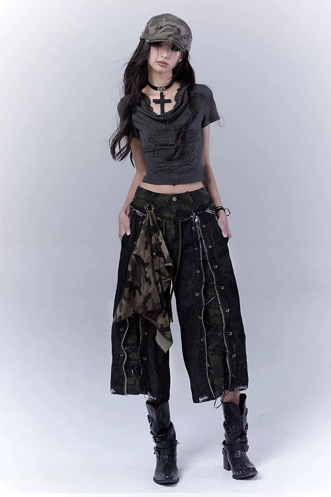 カモフラージュディストレストクロップドパンツ+スカーフ