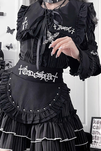 ライトアジアダークスリムロングスリーブトップス+フェイクエプロンショートスカート