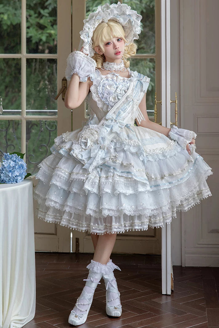 [Reservierungsschluss 1. August] Blau-weißes Sweet-Lolita-Stufenkleid-Set mit Blumenmuster