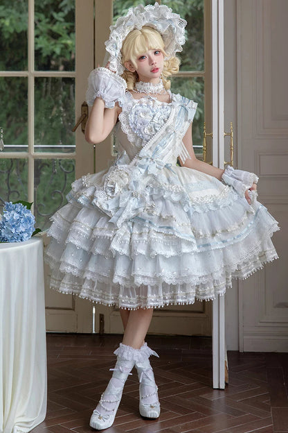 [Reservierungsschluss 1. August] Blau-weißes Sweet-Lolita-Stufenkleid-Set mit Blumenmuster