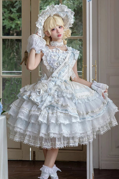 [Scadenza prenotazione 1 agosto] Accessori della serie floreale sweet lolita blu x bianco (bonnet + velo cerchietto per capelli + velo nastro a fusciacca polsini da polso fiocco posteriore accessorio a cerchio floreale)