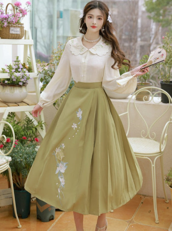 フラワーカラーシャツ＋レトロフラワースカート