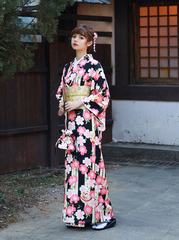 Ensemble 5 pièces de yukata féminin Taisho-roman fleurs de cerisier