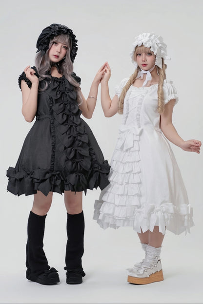 [November 15 Reservation Deadline] White Doll Style Front & Back Two-Way Ruffle Ribbon Lolita Dress (Short/Long) + Matching Shorts (Short/Long) + BB Hat