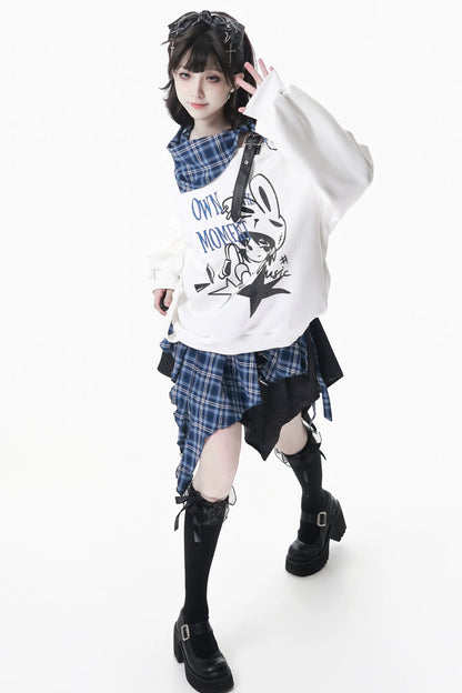 オフショルダースウェットトップス+アシメスカート+ロングパンツ