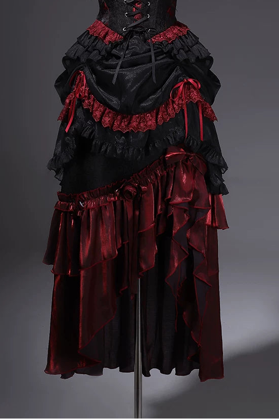 [Pre-order] Red and Black Dark Gothic Lolita Ruffle Slit Long Skirt + Pull-Up Overskirt