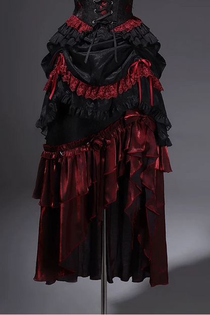 [Pre-order] Red and Black Dark Gothic Lolita Ruffle Slit Long Skirt + Pull-Up Overskirt