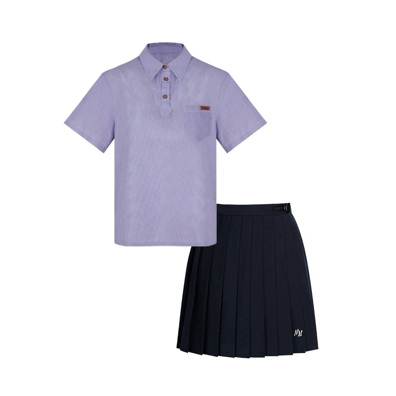 カレッジポロカラーシャツ＋ストライプシャツ＋プリーツショートスカート＋ベーシックロングスカート