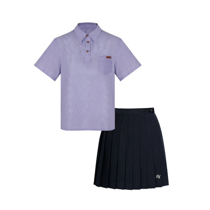 カレッジポロカラーシャツ＋ストライプシャツ＋プリーツショートスカート＋ベーシックロングスカート