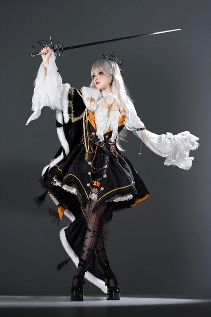 [Reservation Deadline: December 2] Royal Gothic Military Dress Coordinated Set (Shirt + Skirt + Long Vest with Train + One-Shoulder Fur Cape + Accessories)