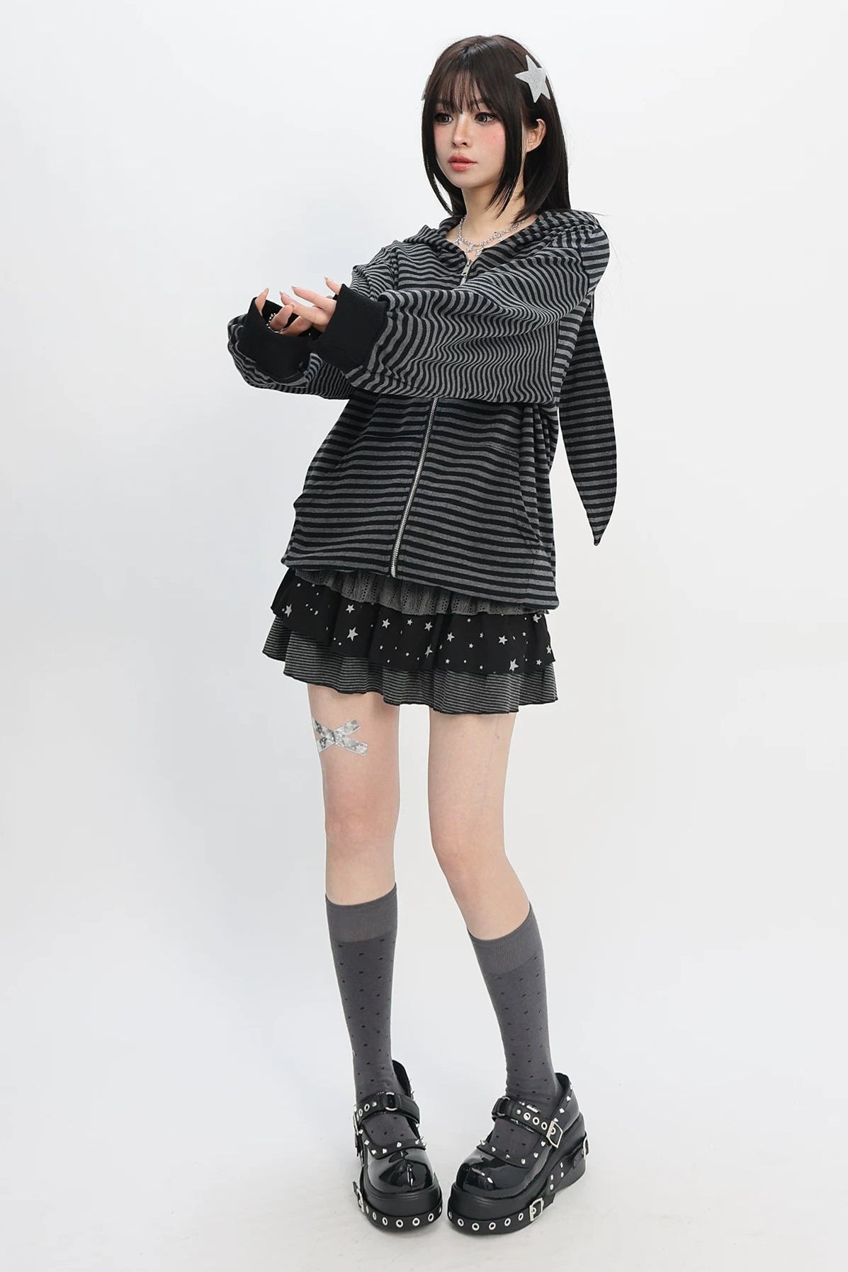 ボーダーラビットイヤーフードジャケット