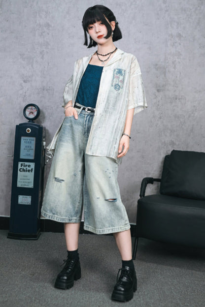 ダメージハーフデニムワイドレッグパンツ