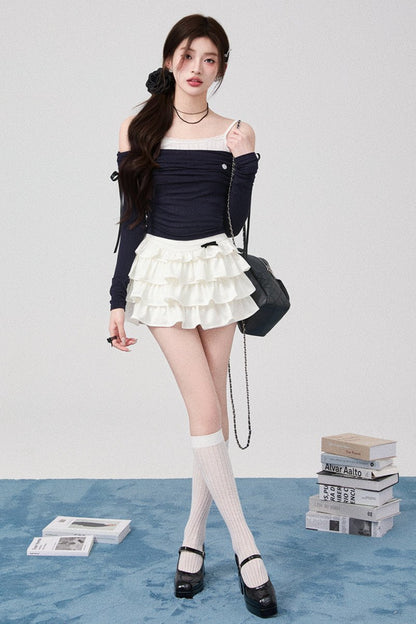 Bowan Shoulder Knit Tops + Pleated Skirt + Ribbon Cake Skirt