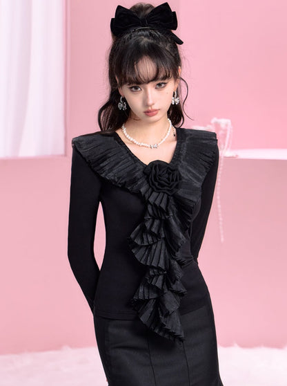 Organ collar flower slim blouse