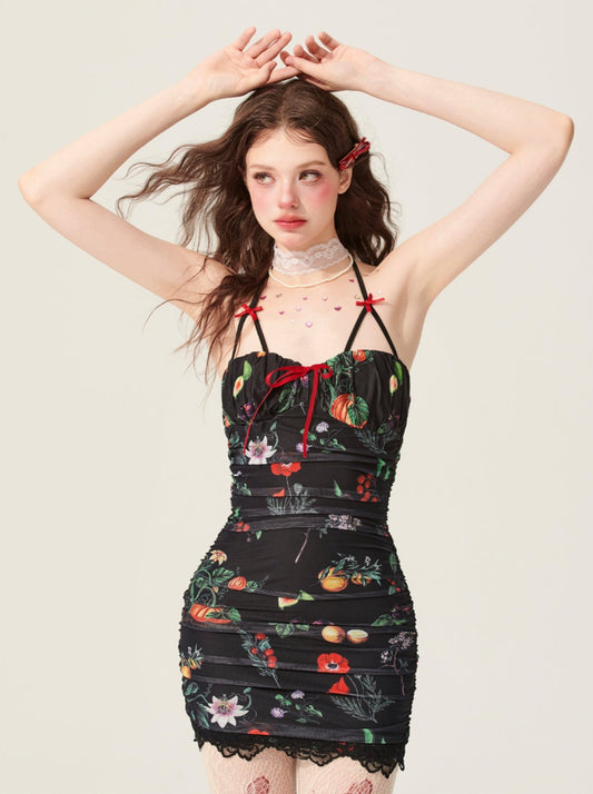Black Flower Tight Suspender Dress