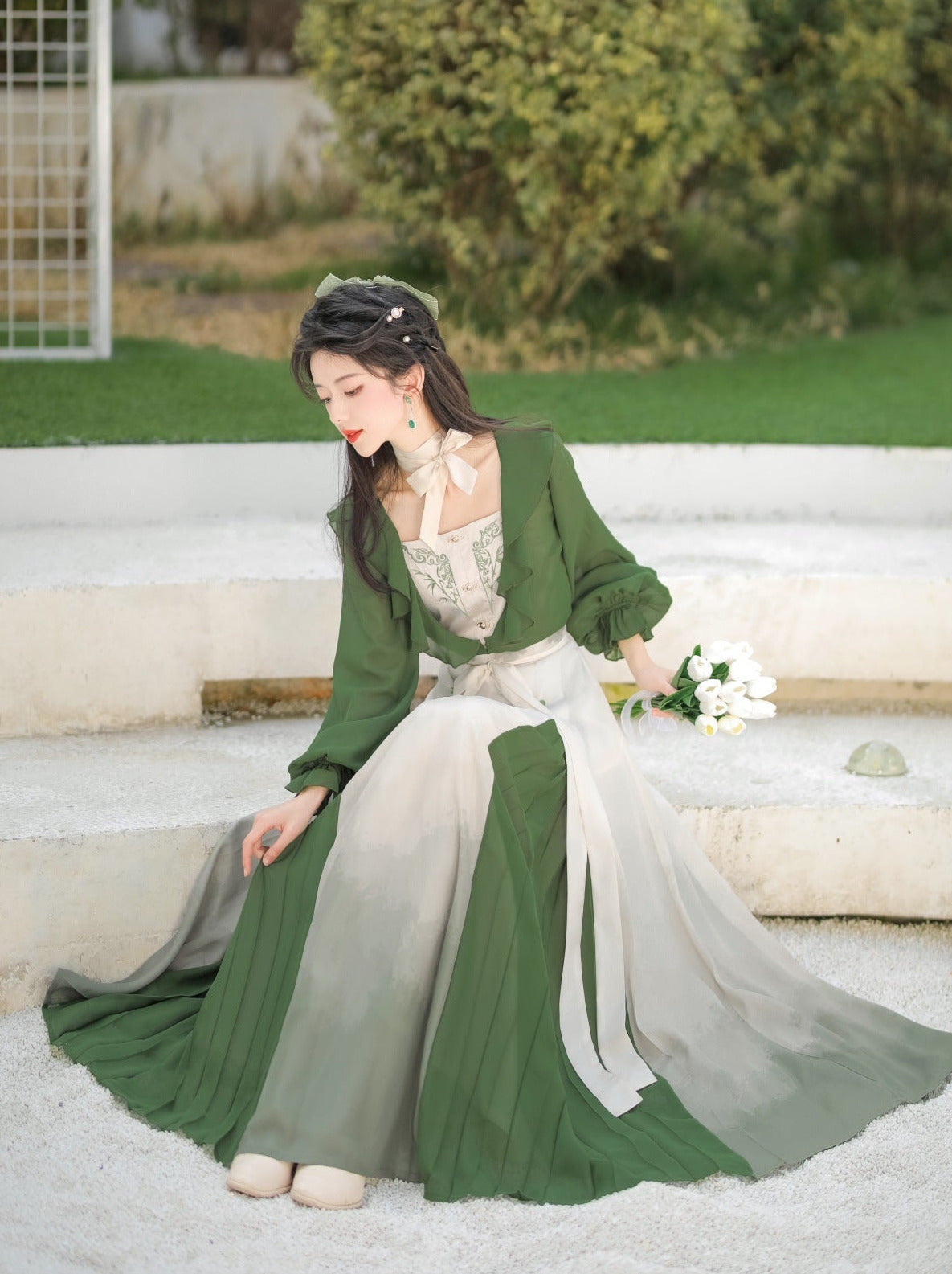 Innovative Green Ruffle Chaina Three Piece Suit