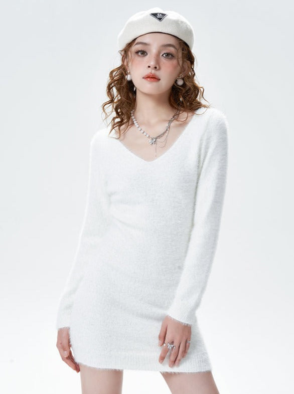 V neck white mink high waist dress