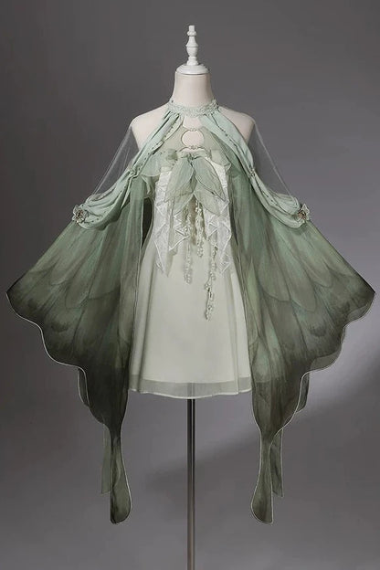 【10月15日予約締切】Forest Fairy Lolita Style Green & Beige Wing Sleeve Cape Dress