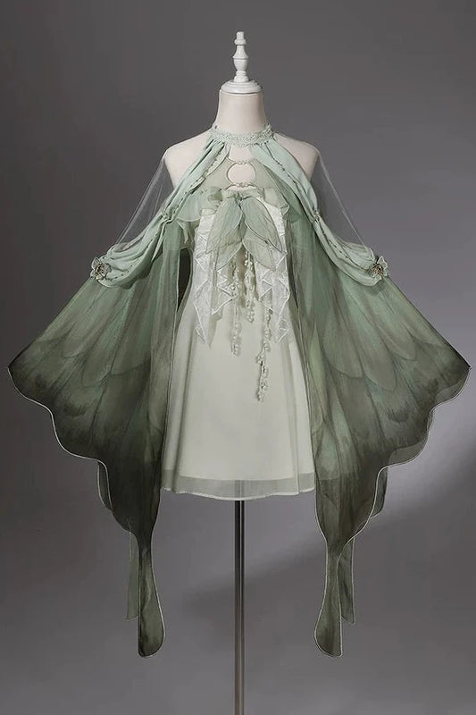 【10月15日予約締切】Forest Fairy Lolita Style Green & Beige Wing Sleeve Cape Dress