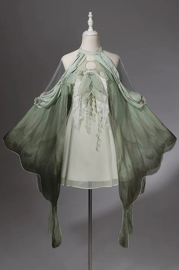【10月15日予約締切】Forest Fairy Lolita Style Green & Beige Wing Sleeve Cape Dress