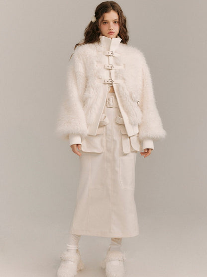 Soft light leather buckle wrap fur coat