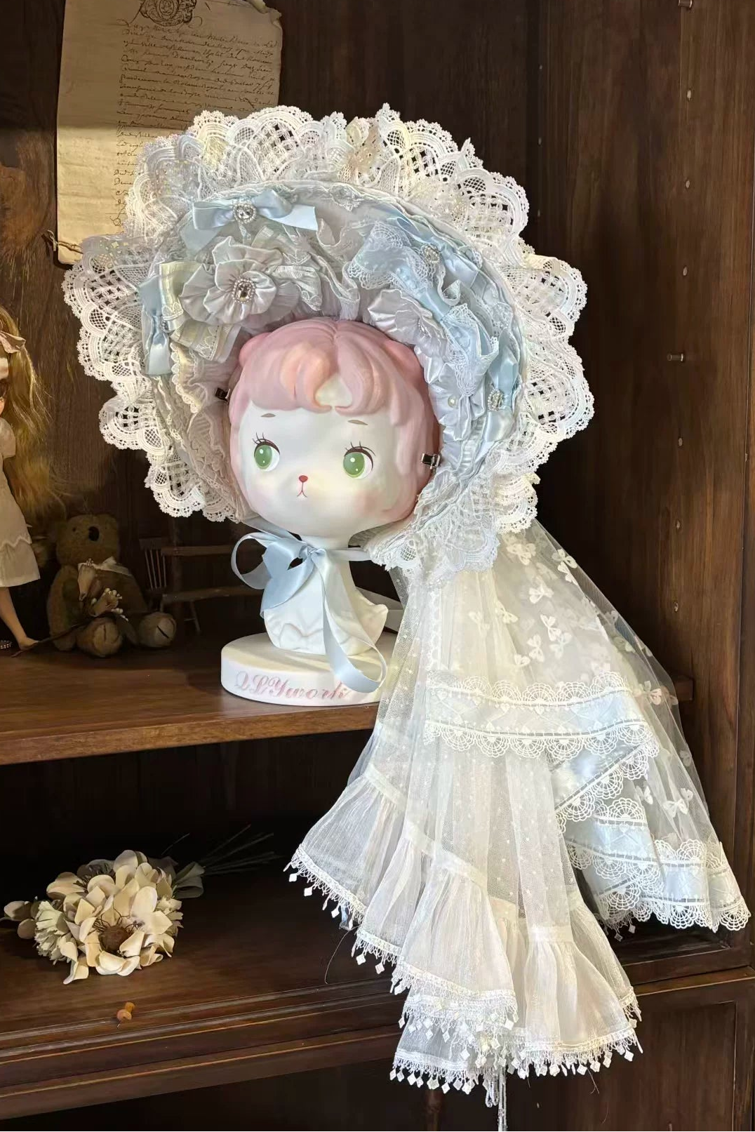 [Scadenza prenotazione 1 agosto] Accessori della serie floreale sweet lolita blu x bianco (bonnet + velo cerchietto per capelli + velo nastro a fusciacca polsini da polso fiocco posteriore accessorio a cerchio floreale)