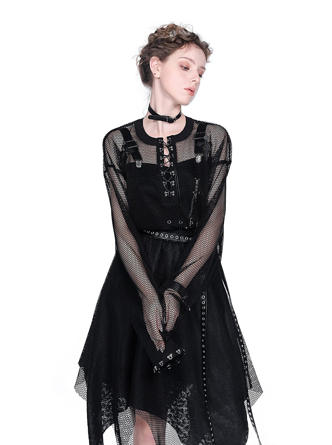 Mesh Sheer Metal Cross Lace-Up Mode Long T