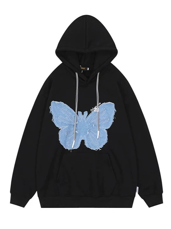 Patch Denim Butterfly Flower Loose Hooded Sweatshirt Belchic