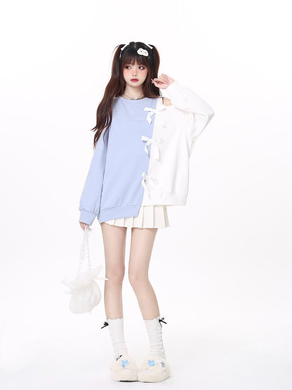 [Angel Neighborhood👼Off-the-shoulder Bow Bicolor Asymmetrical Pullover
