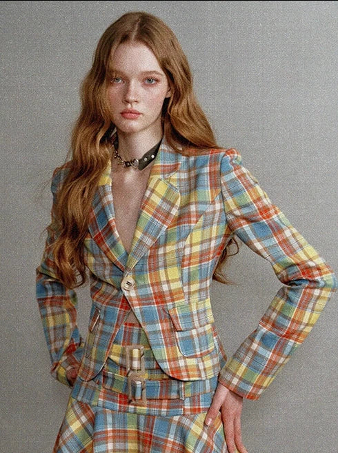 Retro Check Waist One Button Blazer Irregular Skirt Suit