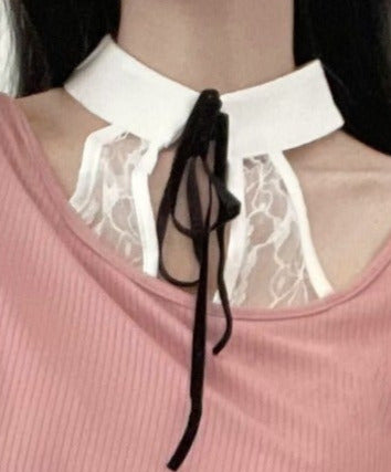 White lace ribbon collar puff sleeve frill T-shirt