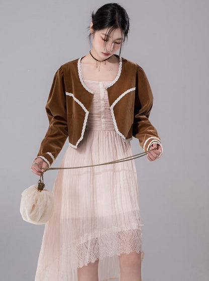 Latte Brown Patchwork Velvet Short Jacket