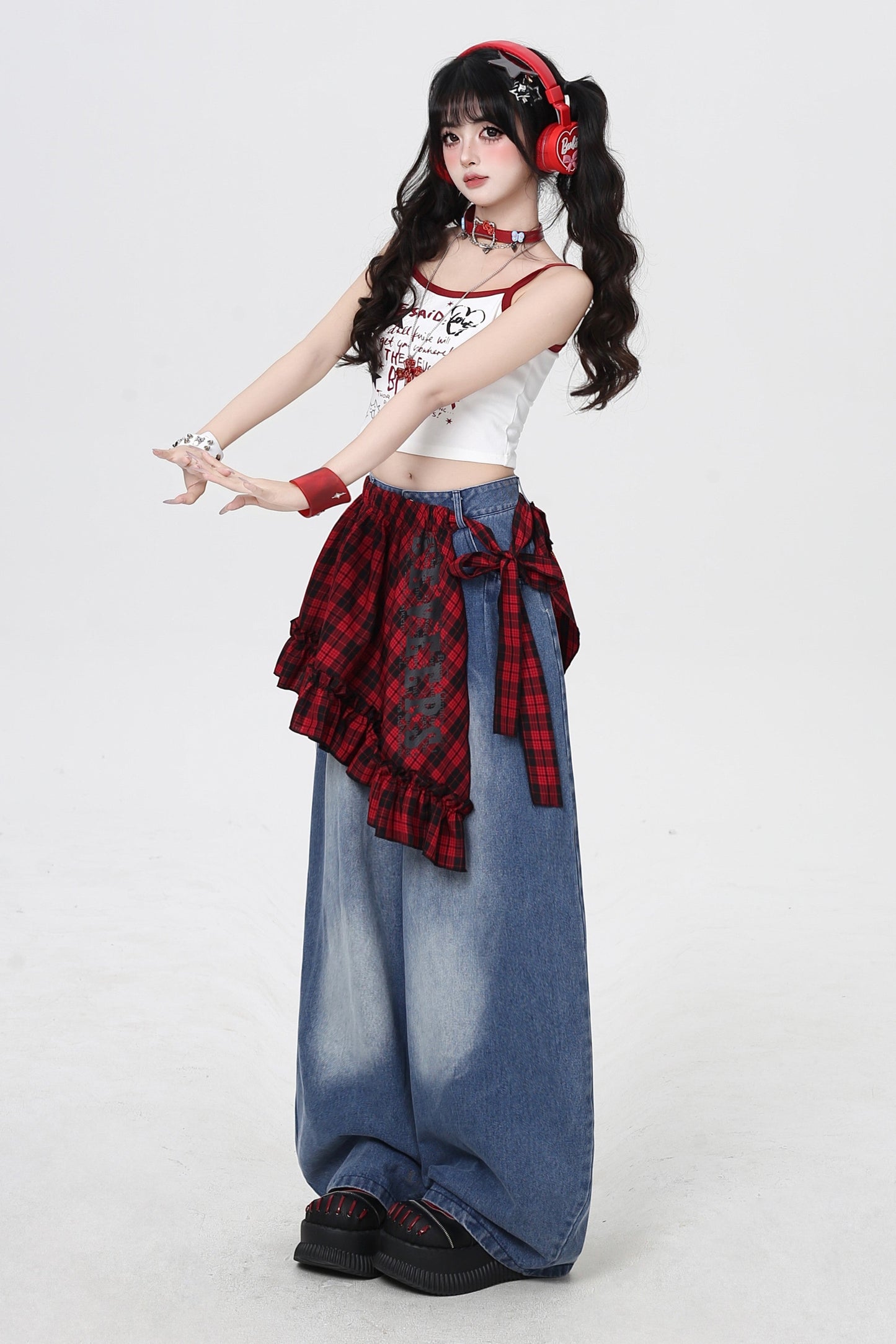 ストリートルーズデニムパンツ+チェック柄レース