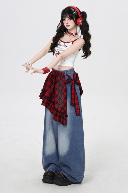 ストリートルーズデニムパンツ+チェック柄レース