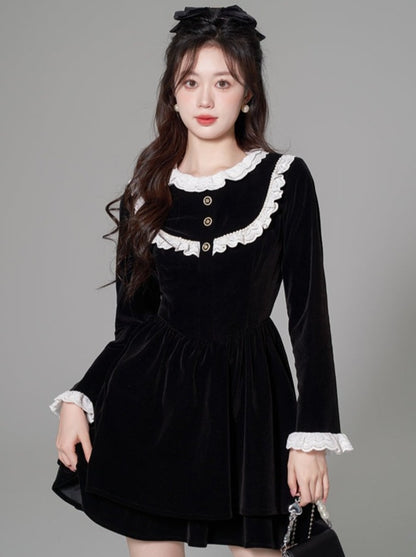 French Black Velvet Retro Hevon Style Dress