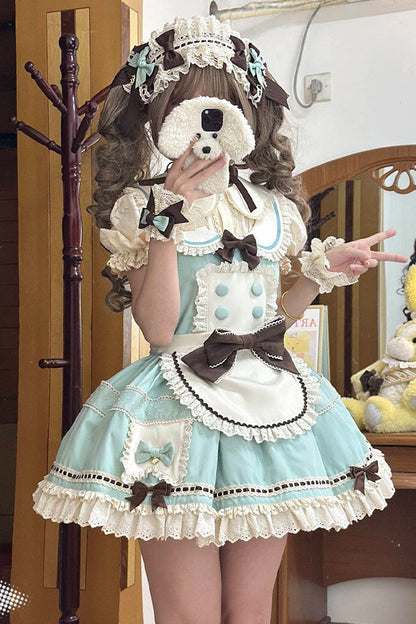 【Pre-order item】Chocolate Mint Sailor Collar Girly Maid Dress + Cake Hat