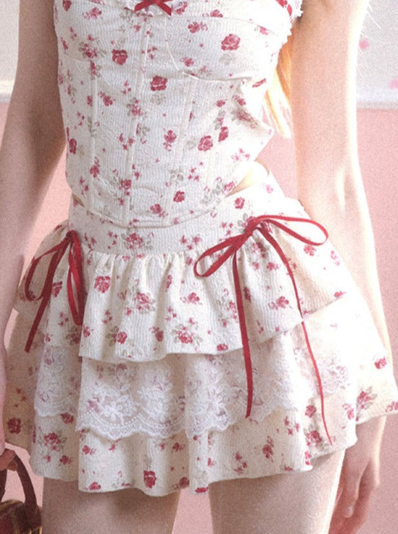 Red Cardigan + Flower Top + Cake Skirt