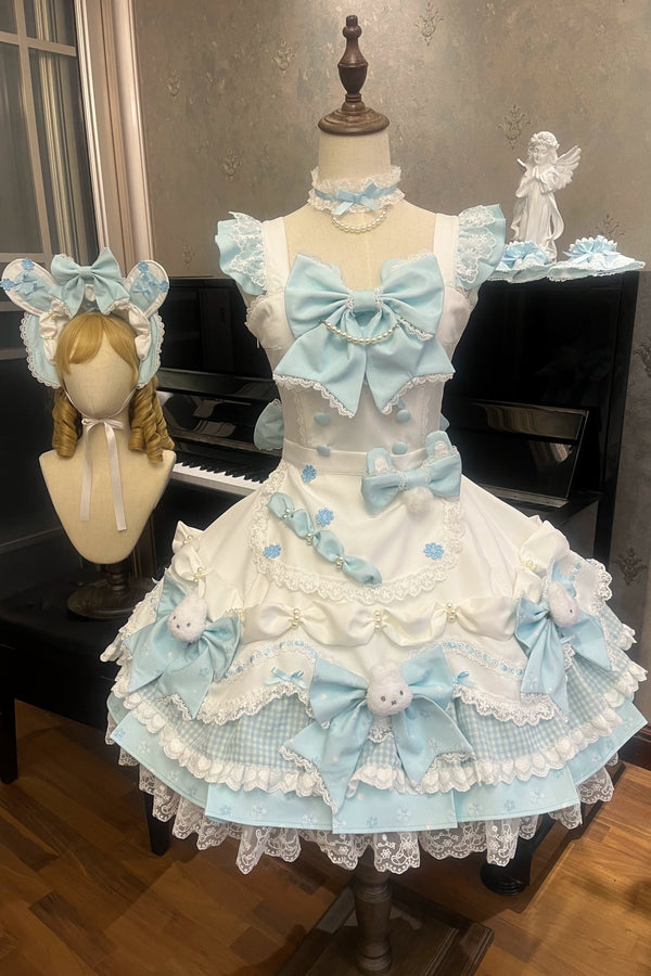 [Pre-order Deadline: April 6] Sweet Ruffled Bunny Lolita Jumper Skirt + Shirt + Headband + Bonnet + Headband + Sleeves + Necklace + Tail