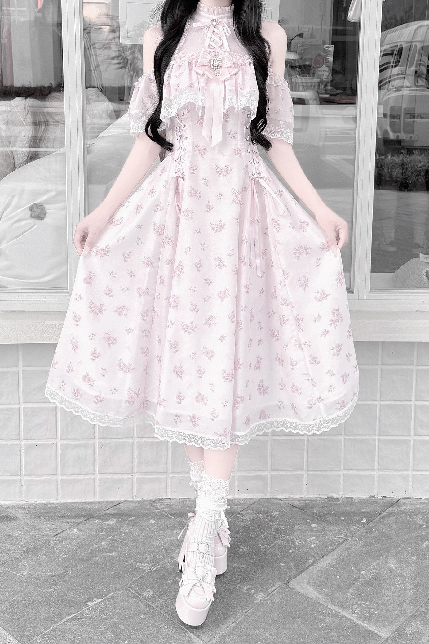 【6月15日予約締切】ピンクフローラルシフォンレースジュエルリボンオープンショルダーロングドレス