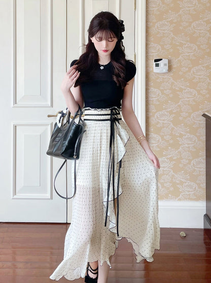 [Reservations] Irregular Slit Design Dot Long Skirt