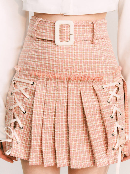 Ash Pink Lace-Up Pleated Skirt