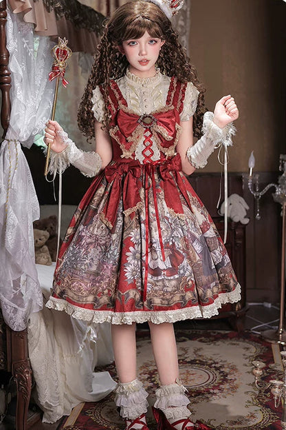 [Date limite de précommande : 7 août] Ensemble complet robe JKS vintage rouge à imprimé lapin histoire avec ruban antique + chemise à volants + manchettes lacées