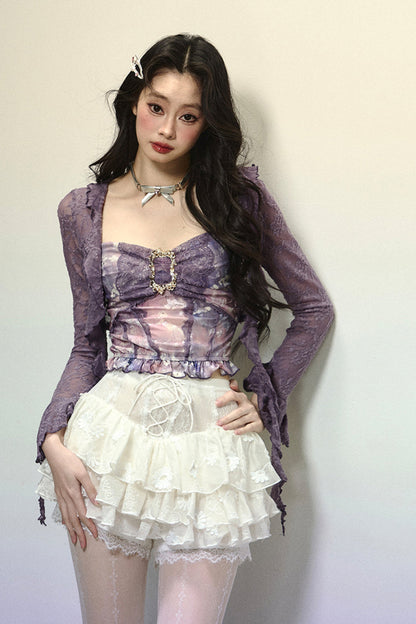 Dark purple lace cardigan + retro design tube top