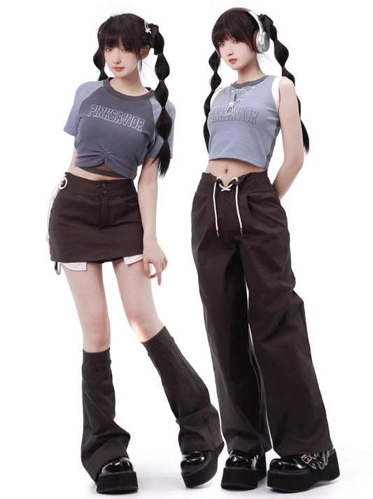 ブルーソーダサマーストラップデザインTシャツカジュアルパンツスリムスーツ