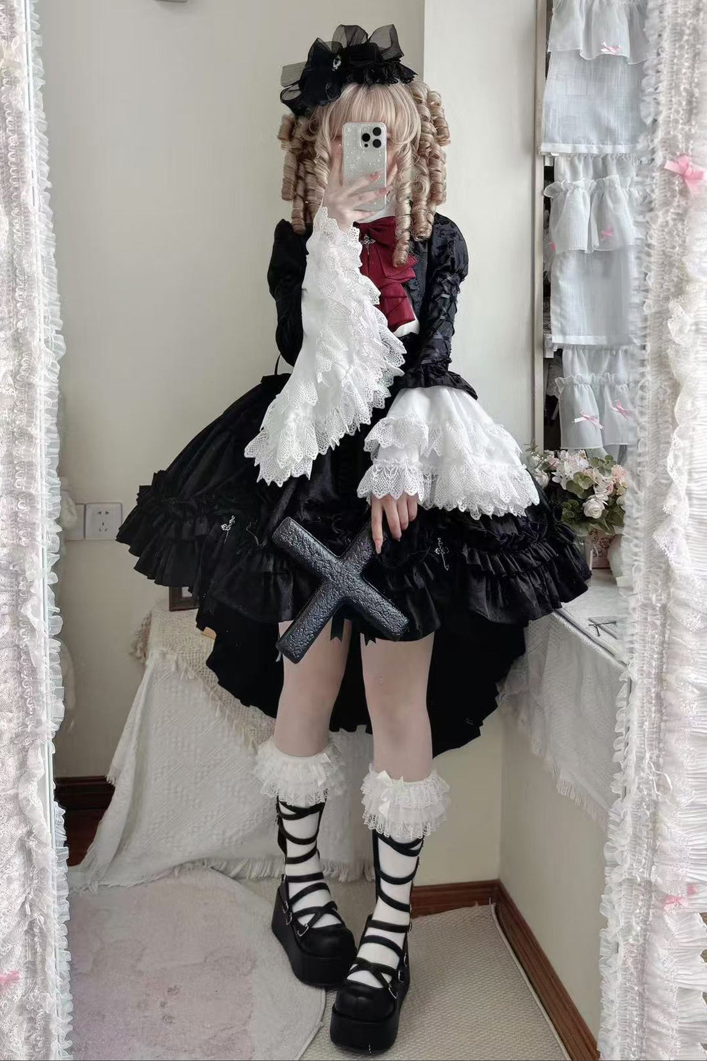 【12月6日予約締切】クロスノクターンゴシックダーク・ストライプレイヤードトップ＋クロスローズ・ストライププルアップスカート