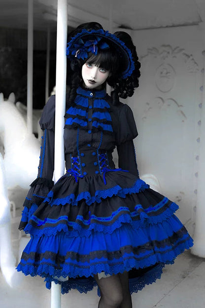 [Vorbestellfrist: 13. Juli] Kleinblaue Gothic-Lolita-Rüschen-Stufenkleid-Komplettset