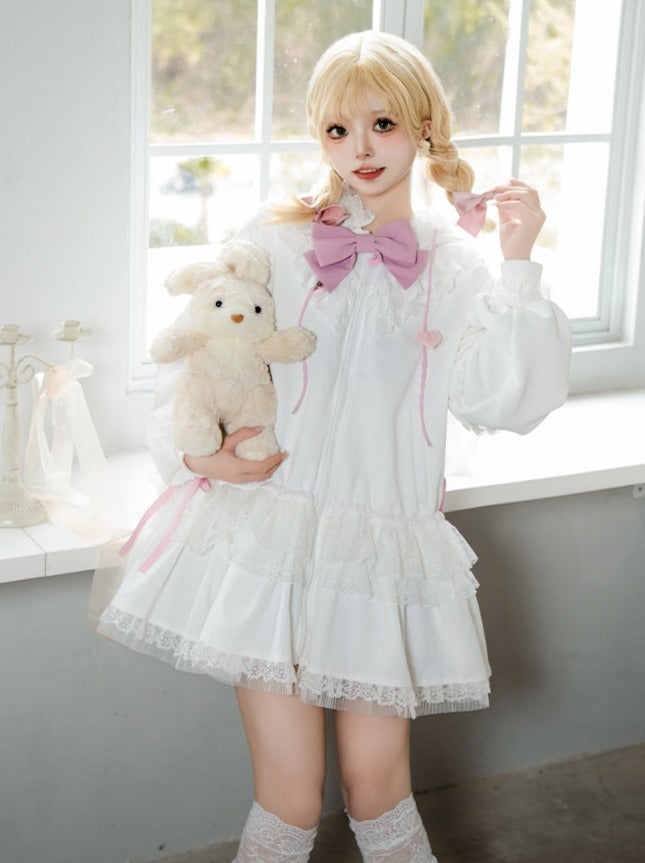 [Reservations] Frilled Long Bunny Ears Big Bow Hooded Girly Dress