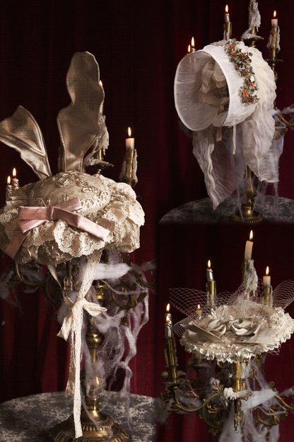 French Rococo Elegant Rabbit Ear Cap + Mesh Flat Cap + Mesh Bow Cap