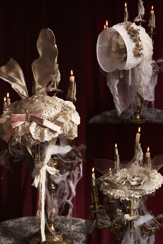 フレンチロココエレガントウサギ耳キャップ＋メッシュフラットキャップ＋メッシュボウキャップ